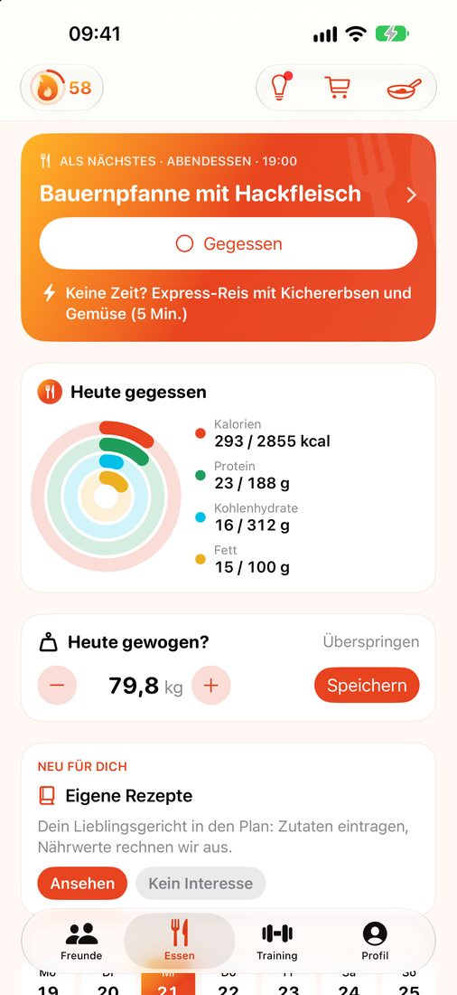 Essen-Tab mit nächster Mahlzeit und Nährwert-Ringen